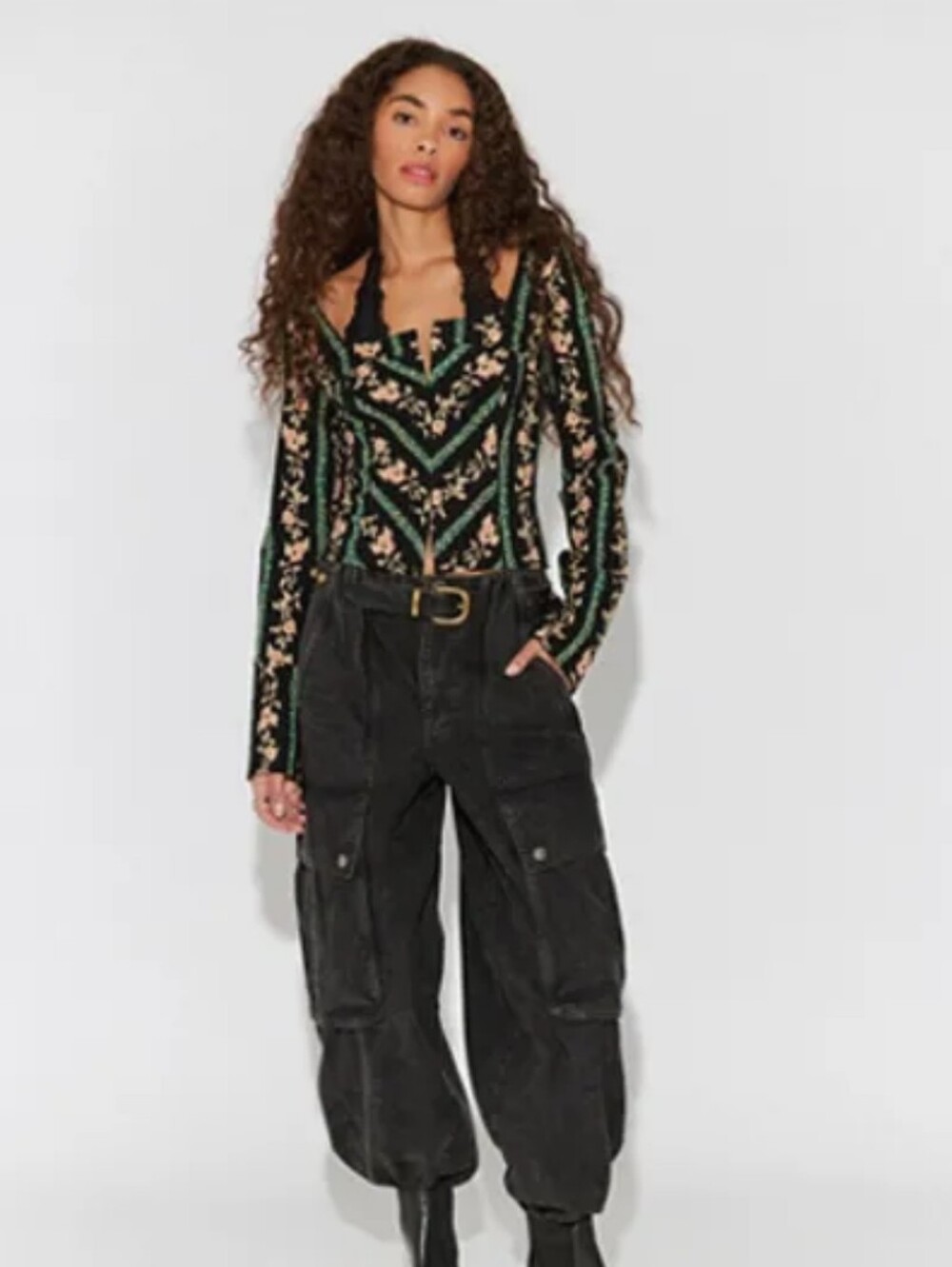 Free People Asher Printed Long-Sleeve Top in Black & Green